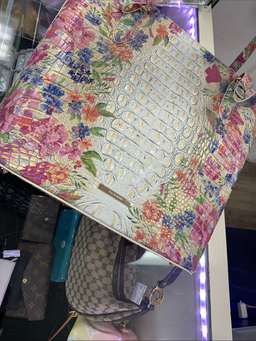 Brahmin White Croc-Embossed Floral Tote with Pink, Purple & Blue Accents - Picture 7 of 7